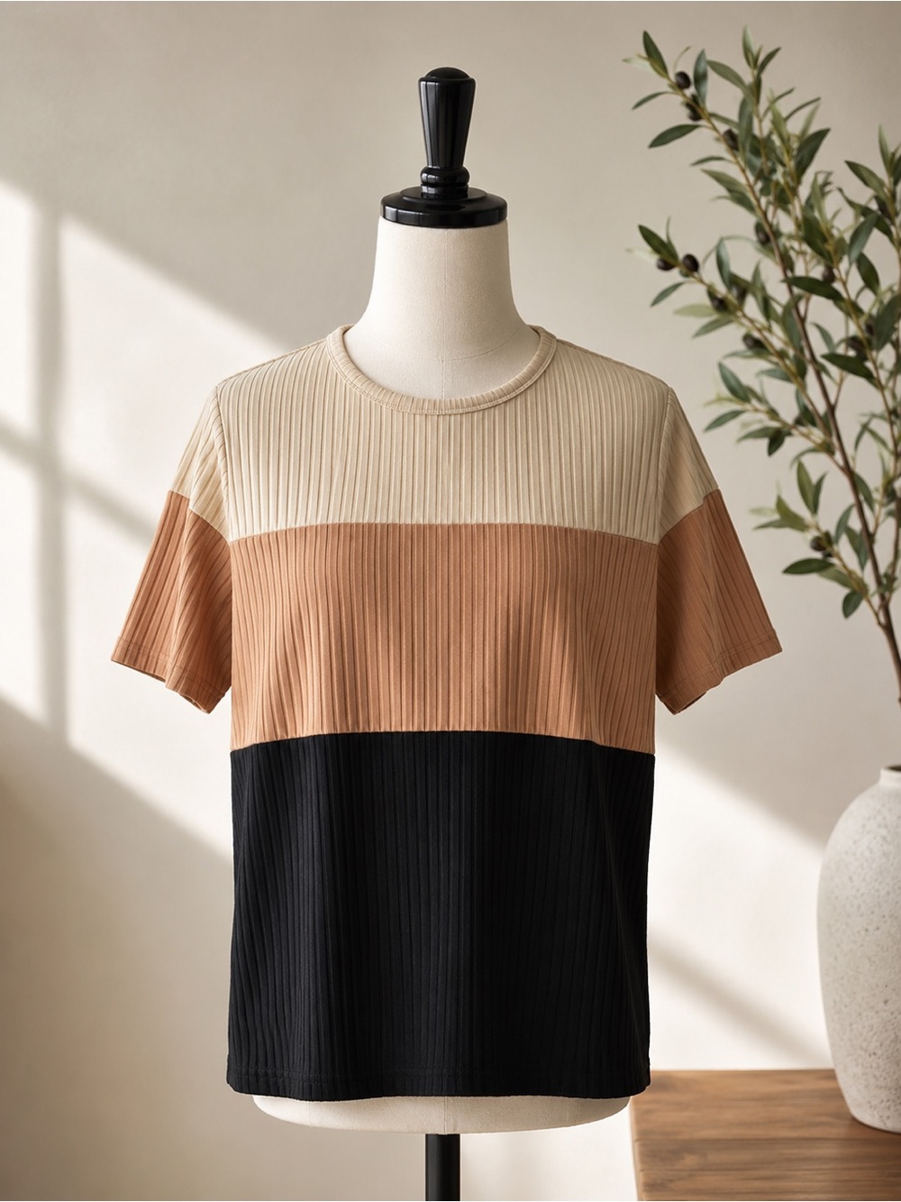 Colorblock Ribbed Short Sleeve Top — Cream, Tan & Black